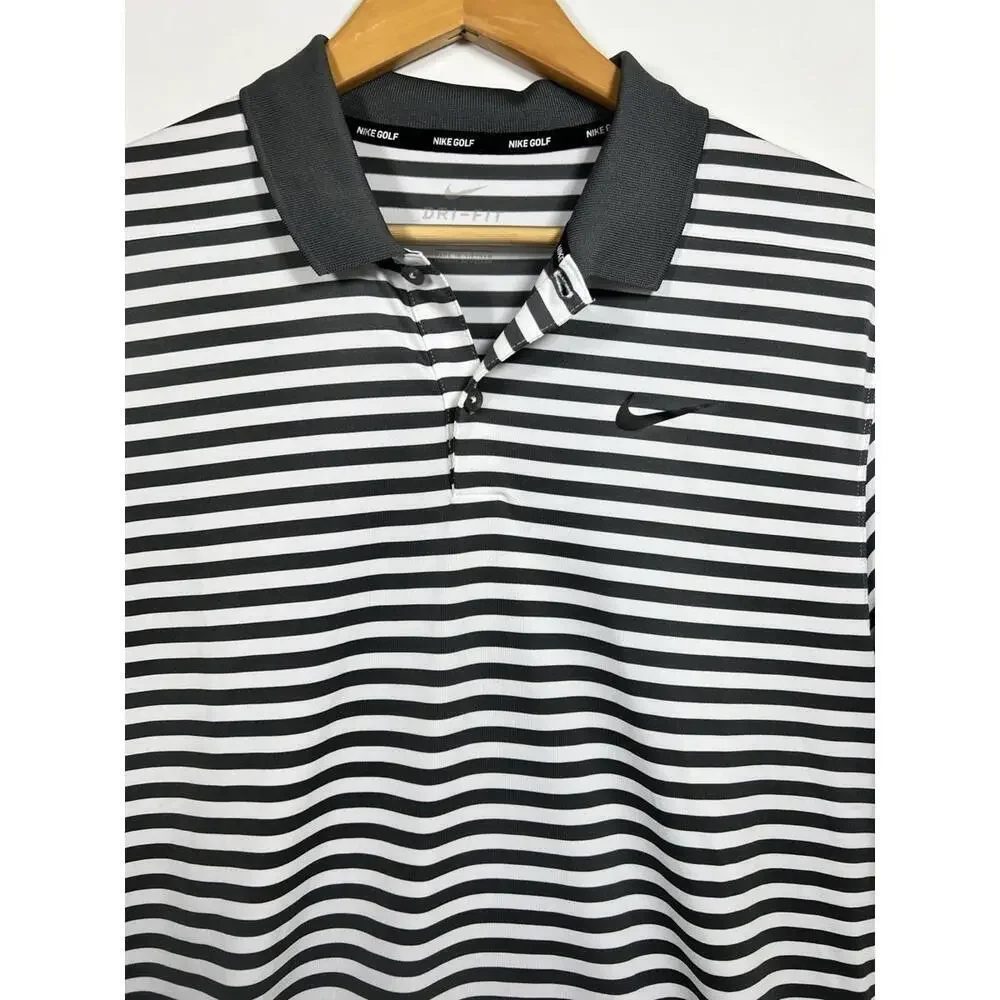 Nike Golf Polo Shirt Men Sz Medium Gray Striped Dri-Fit Performance
